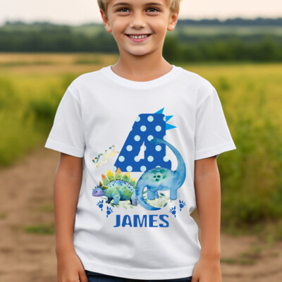 Personalisiertes Dinosaurier 4. Geburtstag Kinder T-Shirt Name Geschenk Jungen Mädchen Oberteil #TA-195