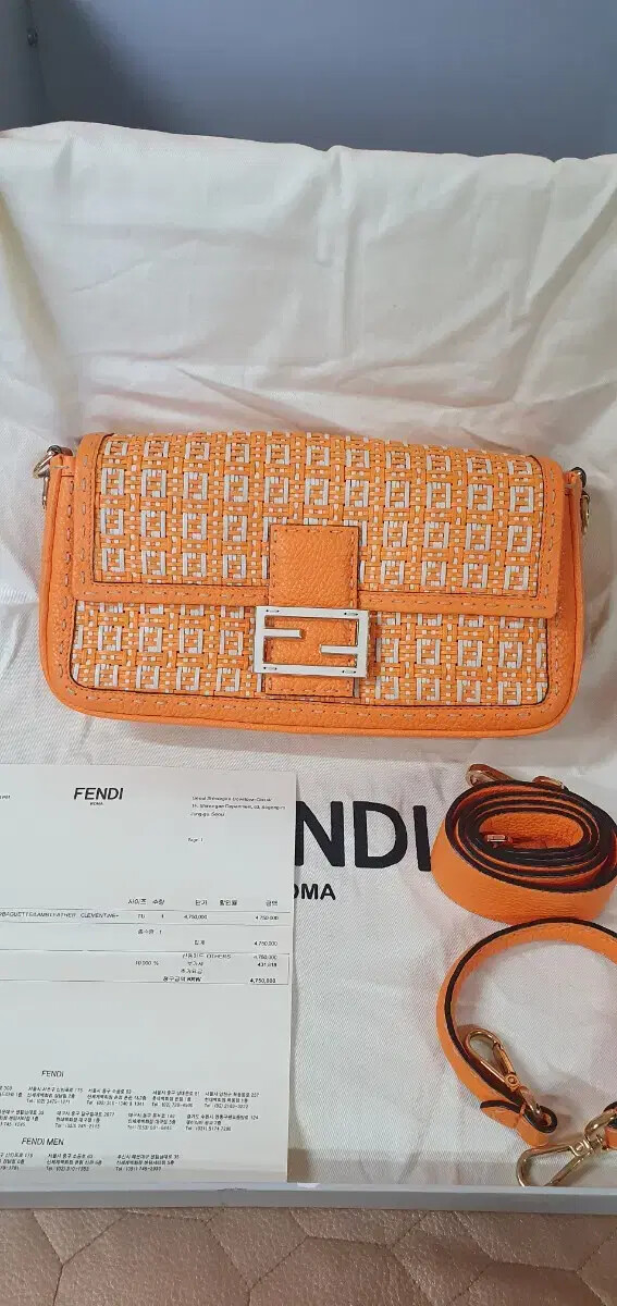 Fendi orange leather baguette shoulder bag with gold hardware