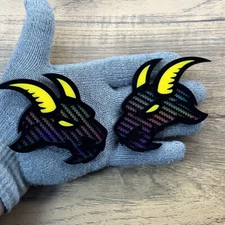 Goat Badges Emblem Holographic Premium Yellow Eye Horns, 2 badges, Fender Angry