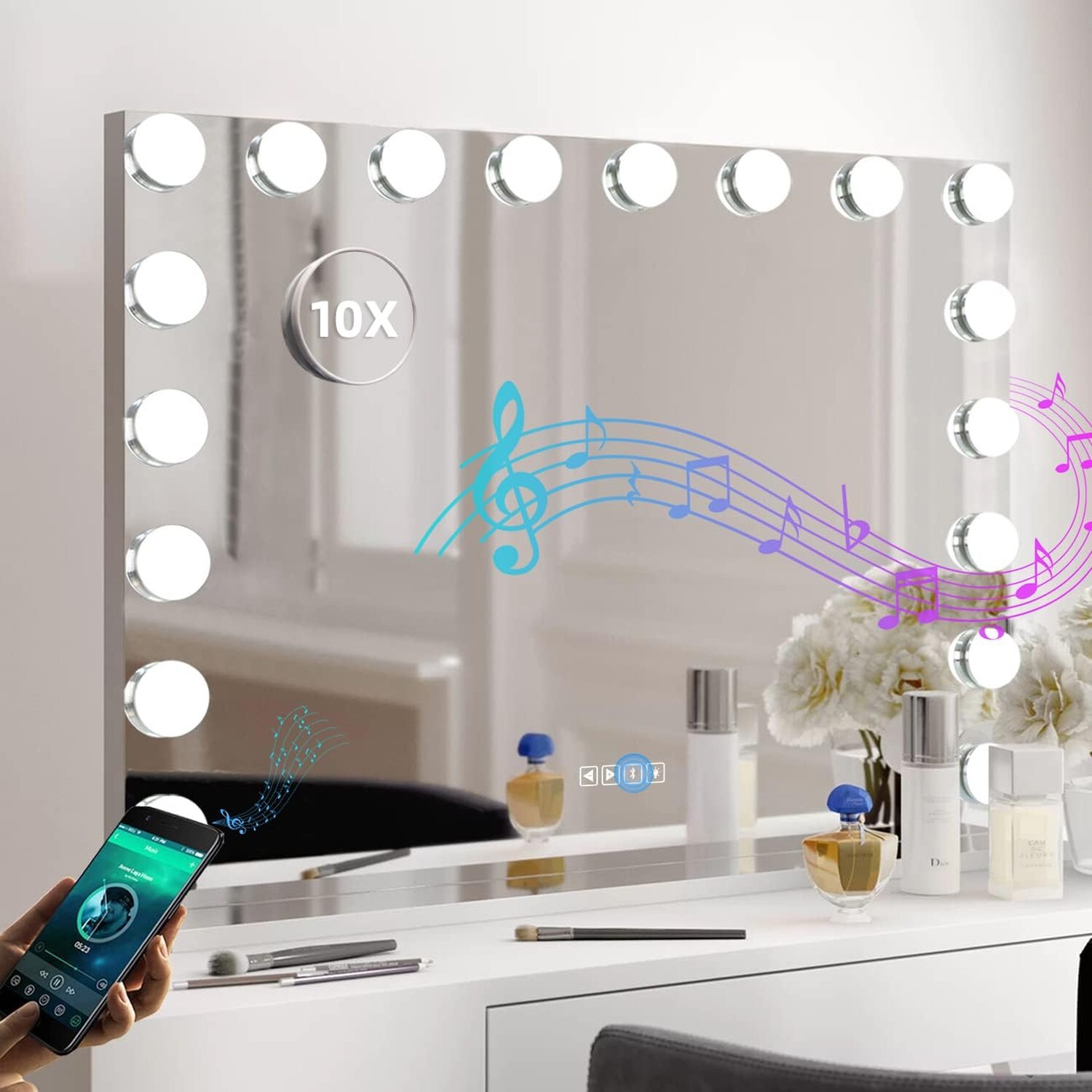 Fenair Hollywood Style Lighted Makeup Mirror with Bluetooth Speaker & Adjustable Brightness