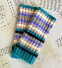 Free People Arm Warmer Fingerless Gloves Ribbed Striped Turquoise Blue Tan NEW