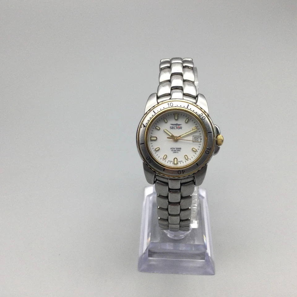 Sector No Limits Watch Women Silver Gold Tone Swiss Date 100M New Battery 6.5" - Image 4 of 4