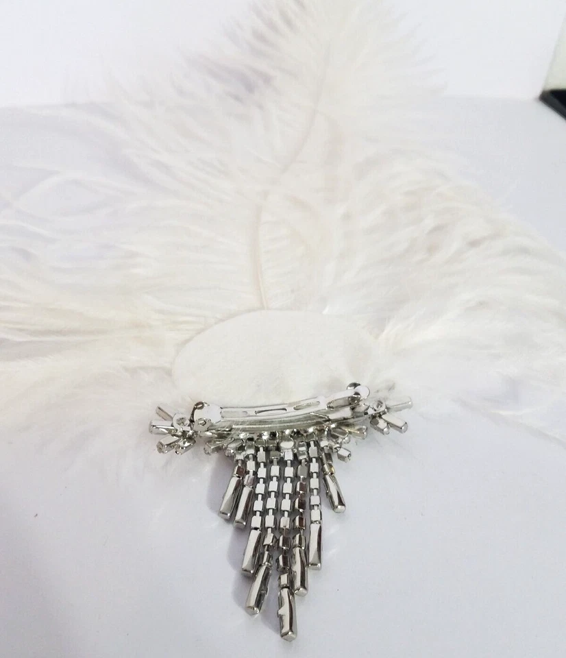 Vtg Ivory & White Feathers Cubic Zirconia Flower Design Dangle Barrette Wedding - Image 3 of 4
