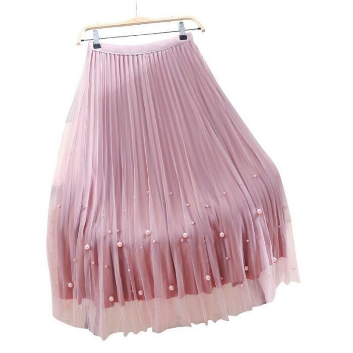 Elegante Falda Midi Plisada con Detalle de Perla Elegante Cómoda y Elegante -SK209