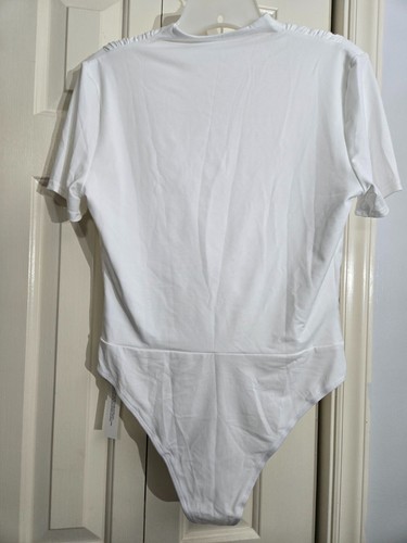 White Wrap-Style Bodysuit With Short Sleeves & V-Neckline Stretchy Polyester/Spa - Picture 2 of 6