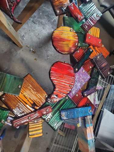 One-of-a-kind, handmade, colorful wooden wall art with mirror. - Picture 4 of 14