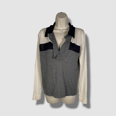 $1095 Plan C Women's Gray Cashmere Striped Long-Sleeve Knit Polo Shirt Top Sz 40