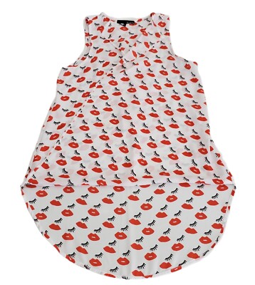 Ro & De Women's Sleeveless RED LIPS Eyelashes Print High Low Blouse SZ Small