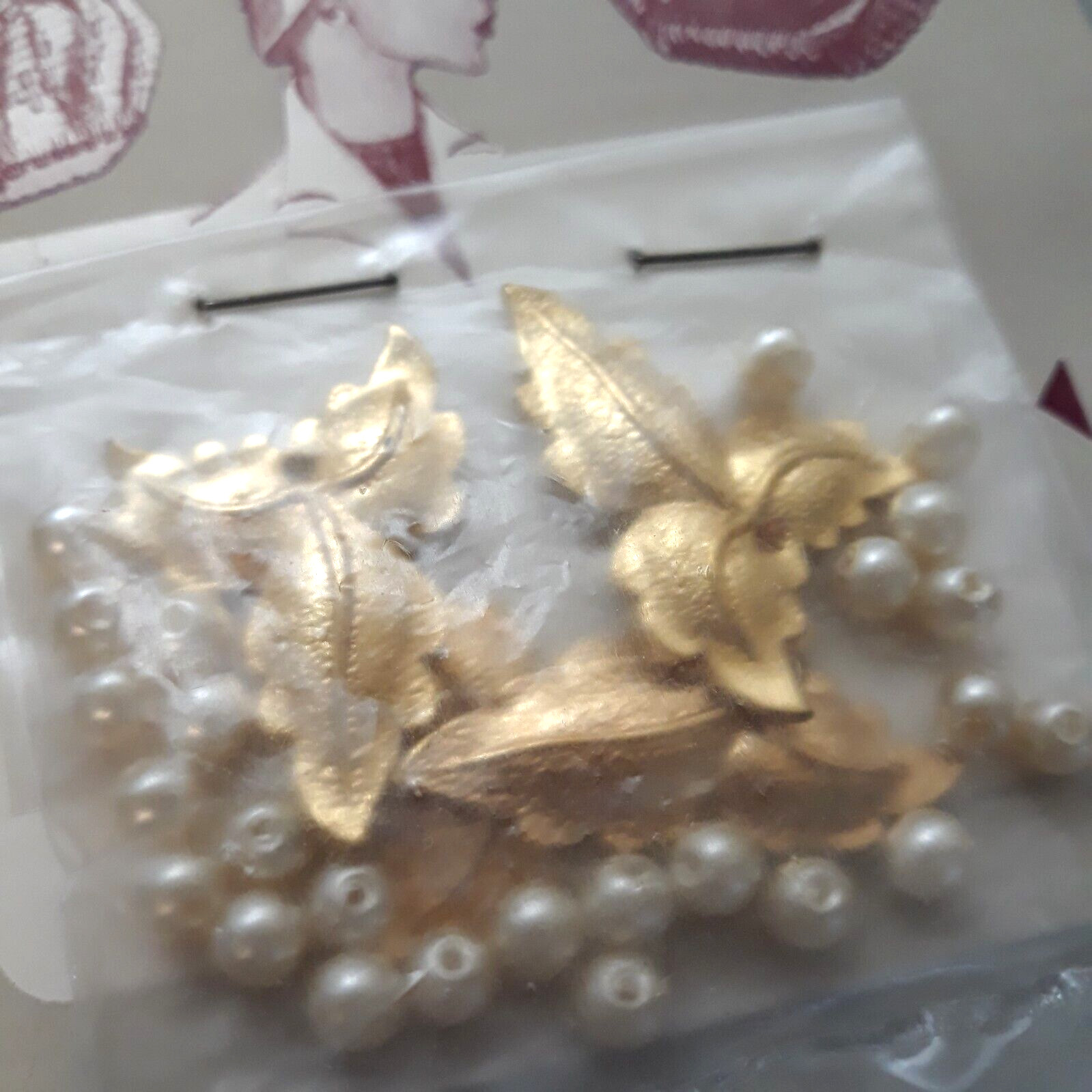 Vtg 1953 DRITZ ADORNABLES No 6295 Gold Leaves and Pearls Trim Sewing Hats Bags