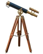 Marine Brass Double Barrel 14" Telescope with Wooden Stand Tripod Vintage Scope