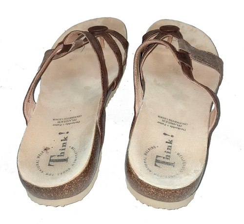Think! Leather Sandals, Thong/Strappy Style Slip-ons Bronze +Silver, Size 7 - Picture 6 of 8