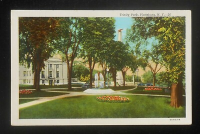 1930s Trinity Park Fountain Plattsburg NY Clinton Co Postcard New York