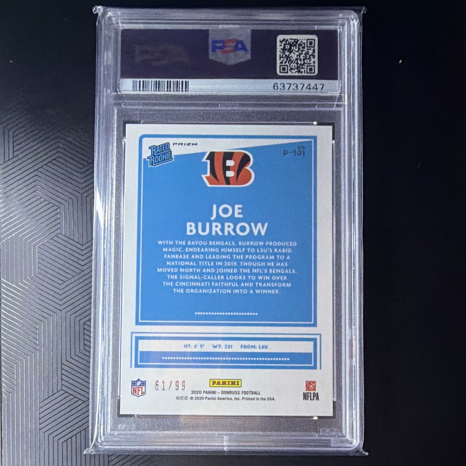 2020 Panini Donruss Rated Rookie Joe Burrow P-301 Optic Preview Red /99 PSA 9 view 2