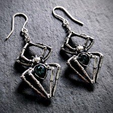 Alchemy Gothic Emerald Venom Spider Earrings Pewter Drops