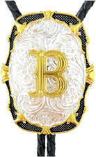 Bolo Tie Golden Initial Letter a to Z in Western Cowboy Medal Style with Cowhide