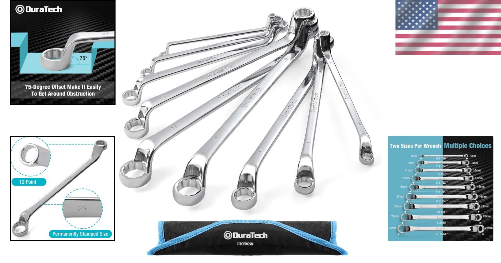 Offset Box Wrench Set, 9-Piece Metric, CR-V Steel with Rolling Pouch