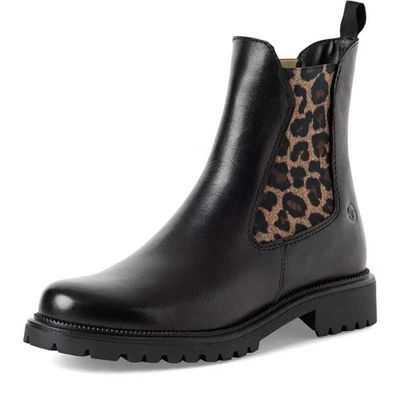 Tamaris Stiefelette Schwarz Leopard Leder Chelsea Stiefel Gummizug Boot