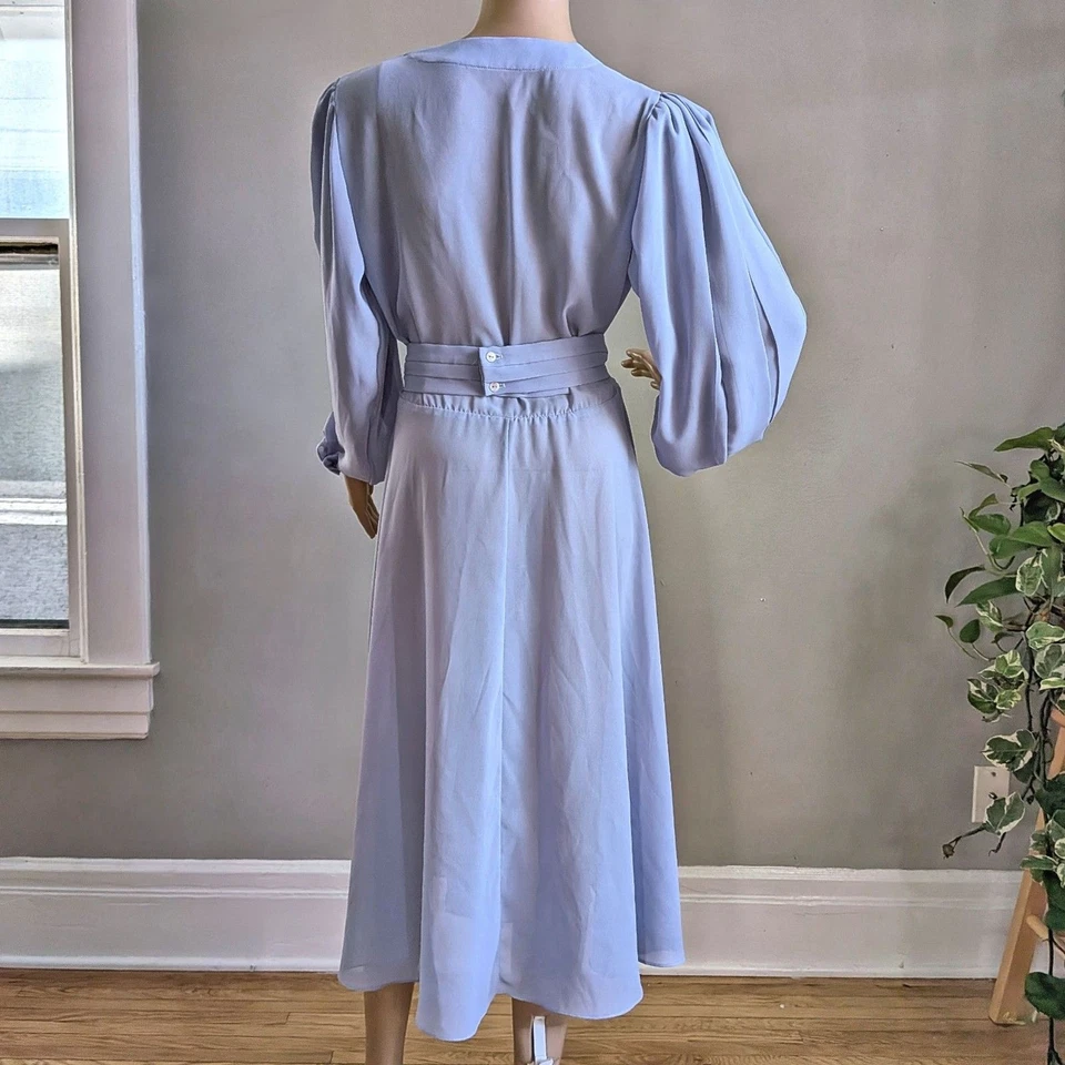 Vintage 1980s Ursula of Switzerland Midi Dress Periwinkle Gauzy Belted Size 7/8 - Image 3 of 4