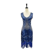 Babeyond NWT L Royal Blue Sequin Beaded Fringe Flapper Style Midi Dress