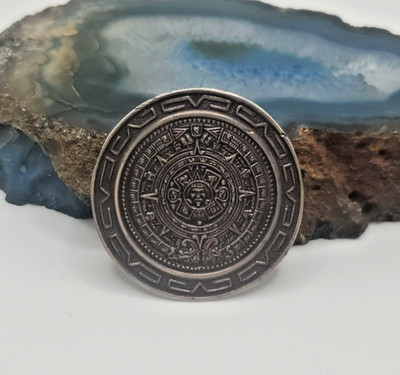 Vintage Signed ''FHC'' Natural Patina Mexican Aztec Calendar 35 mm Pendant Pin 8g+