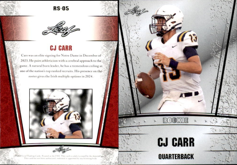 2025 Leaf SILVER ROOKIE CJ CARR RS-05 NOTRE DAME FIGHTING IRISH