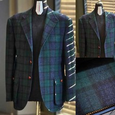 Green Plaid Woolen Autumn Men's Coat Peaked Lapel Tuxedos Single Breasted Coats
