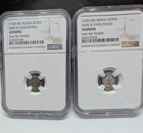 TWO 1533-84 Russia Kopek Ivan IV Vasilyevich Ivan The Terrible NGC Genuine