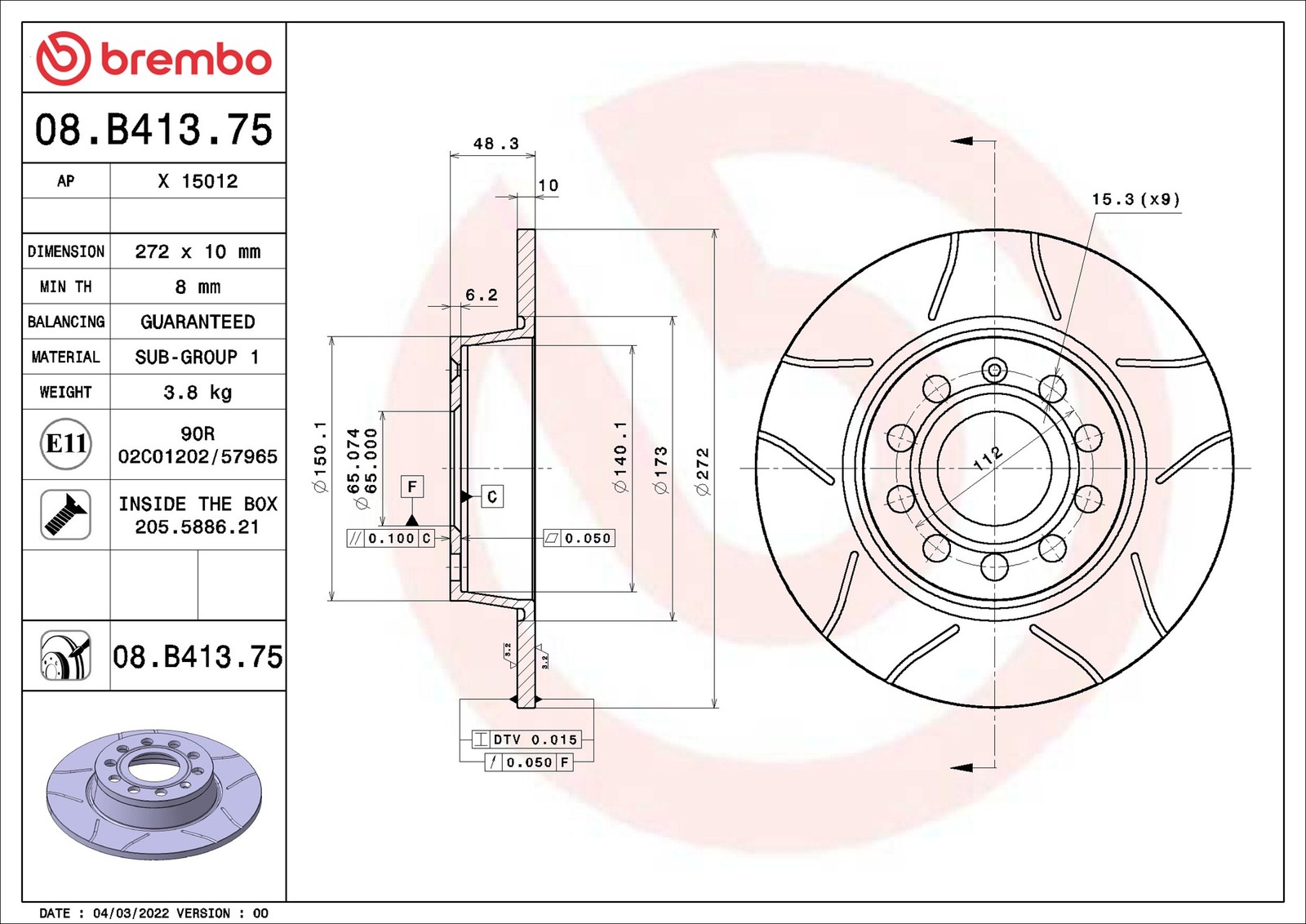 Brembo Bremsscheibe 08.B413.75 Geschlitzt 272Mm 10Mm Für Vw (Faw) Jetta - Bild 8
