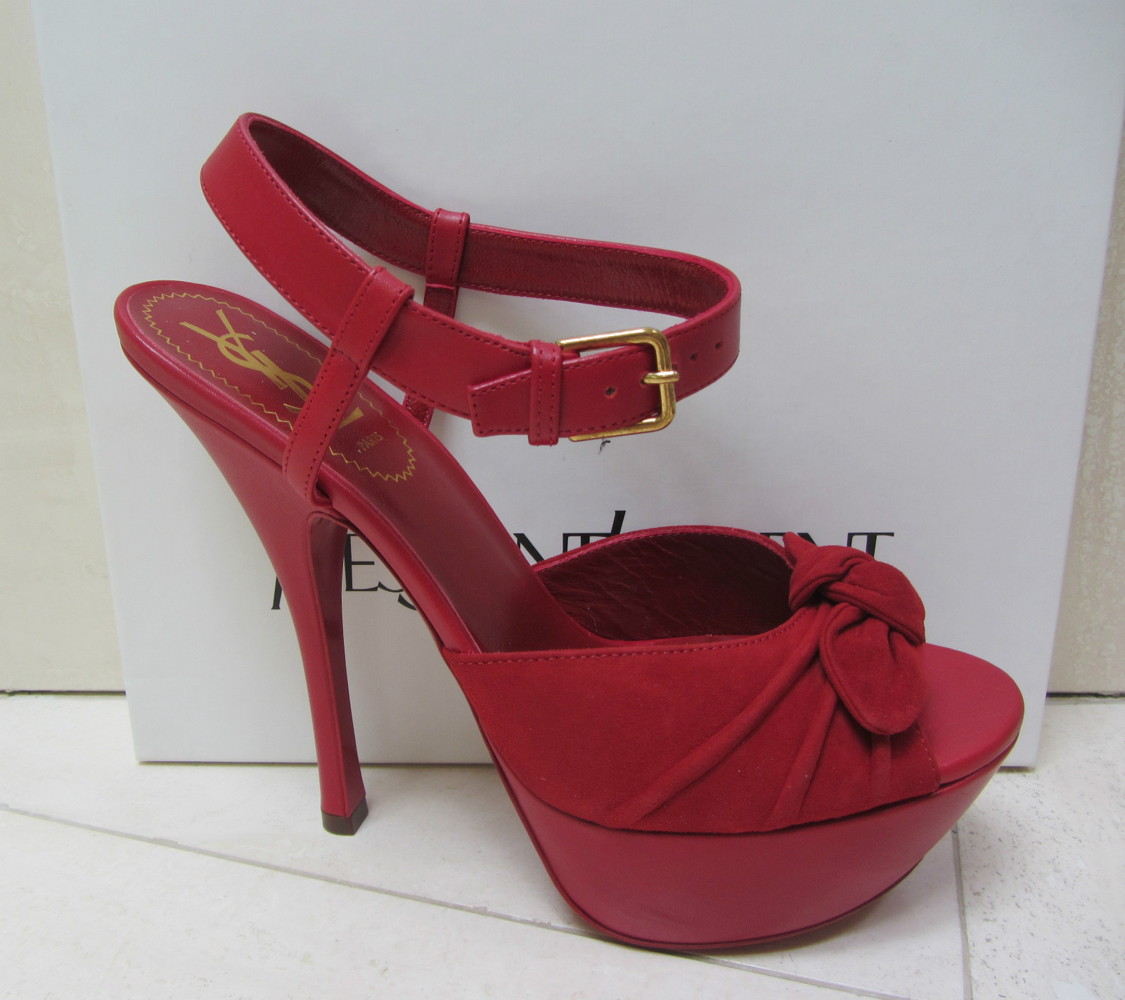 Scarpe décolleté platform nuove con scatola YSL Yves Saint Laurent POPPY 105 TB ASTRAP RED BOW 37 5