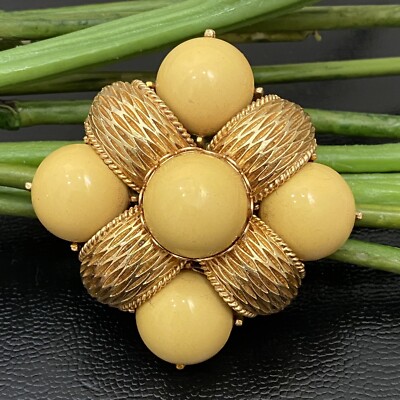 アクセサリー CADORO Jewel Co. 70s vintage brooch Vintage CADORO Signed Gold Tone Yellow Bakelite Cabochon Diamond
