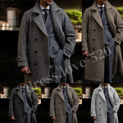 Herringbone Men's Long Overcoat Tweed Formal Business Double Breasted Men Jacket