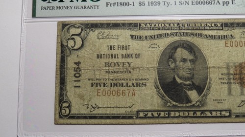 $5 1929 Bovey Minnesota MN National Currency Bank Note Bill Ch. #11054 F12 PMG - Picture 2 of 4