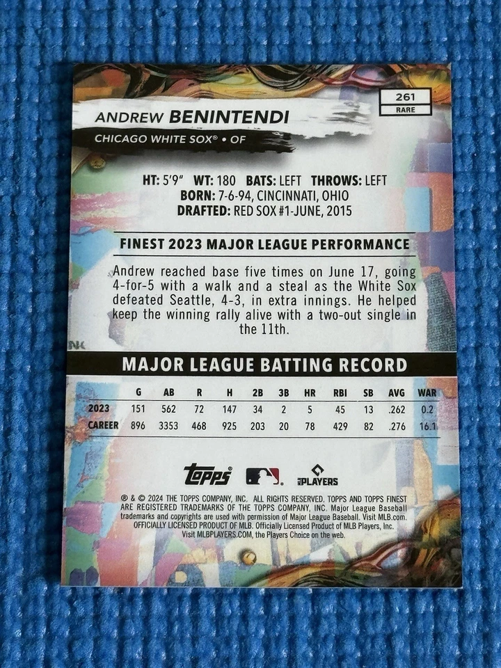 Andrew Benintendi 2024 Topps Finest Rare Sky Blue Refractor /150 White Sox #261 - Image 3 of 3