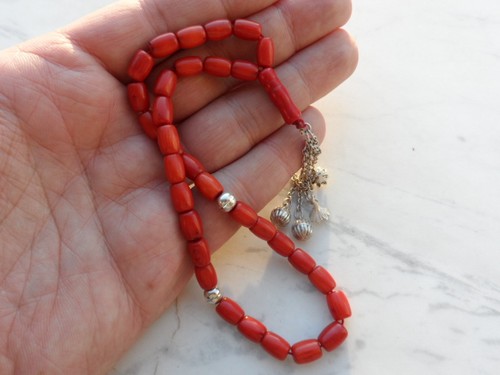 ANTIQUE GENUINE NATURAL RED CORAL ISLAMIC 33 PRAYER BEADS 26 GRAMS - Picture 7 of 12