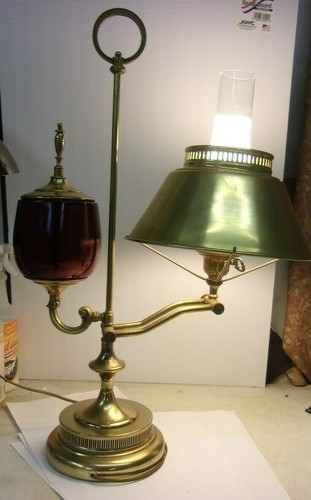 Vintage Brass Student Lamp (electric) with Ruby Red Glass Font 25" tall REDUCED - Picture 6 of 9