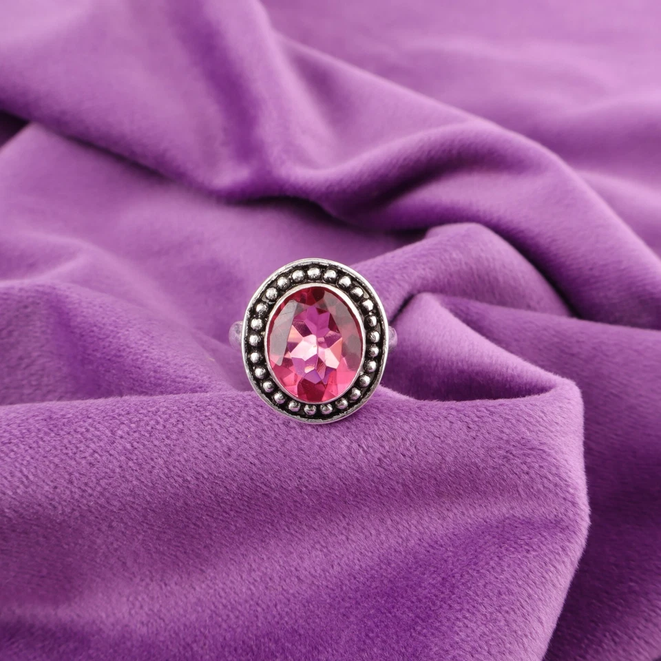Natural Pink Tourmaline 925 Silver Statement Ring Size For Girls - Image 4 of 4