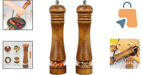 Elegant 8" Refillable Oak Wood Salt and Pepper Grinder Set with Adjustable Co... - Picture 2 of 8