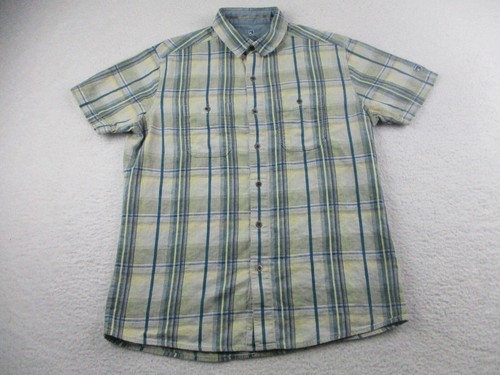 Kuhl Shirt Sz Medium Mens Button Up Short Sleeve Stripe Plaid Linen Blend Green