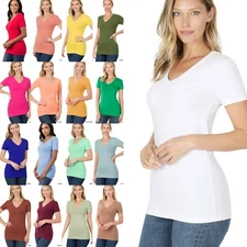 Women's V-Neck Basic Cotton Short Sleeve T-Shirt Soft Stretch Plain Top Tee