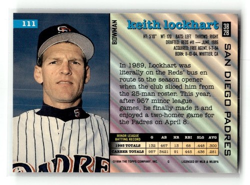 1994 Bowman Keith Lockhart Rookie San Diego Padres #111 BASEBALL - Picture 2 of 2