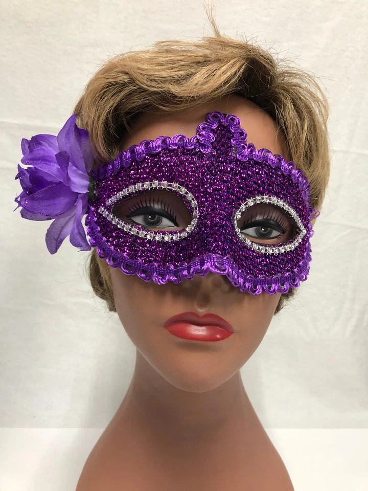 Masquerade Masks One Purple w. Flower and Ribbon Tie 2 With Glitter and Elastic - Image 2 of 4