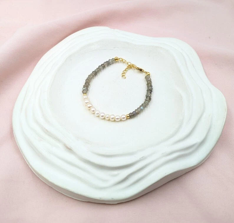 珍珠和拉长石组合多宝石珠情感修复手链 6-8 — 第 3/4 张图片