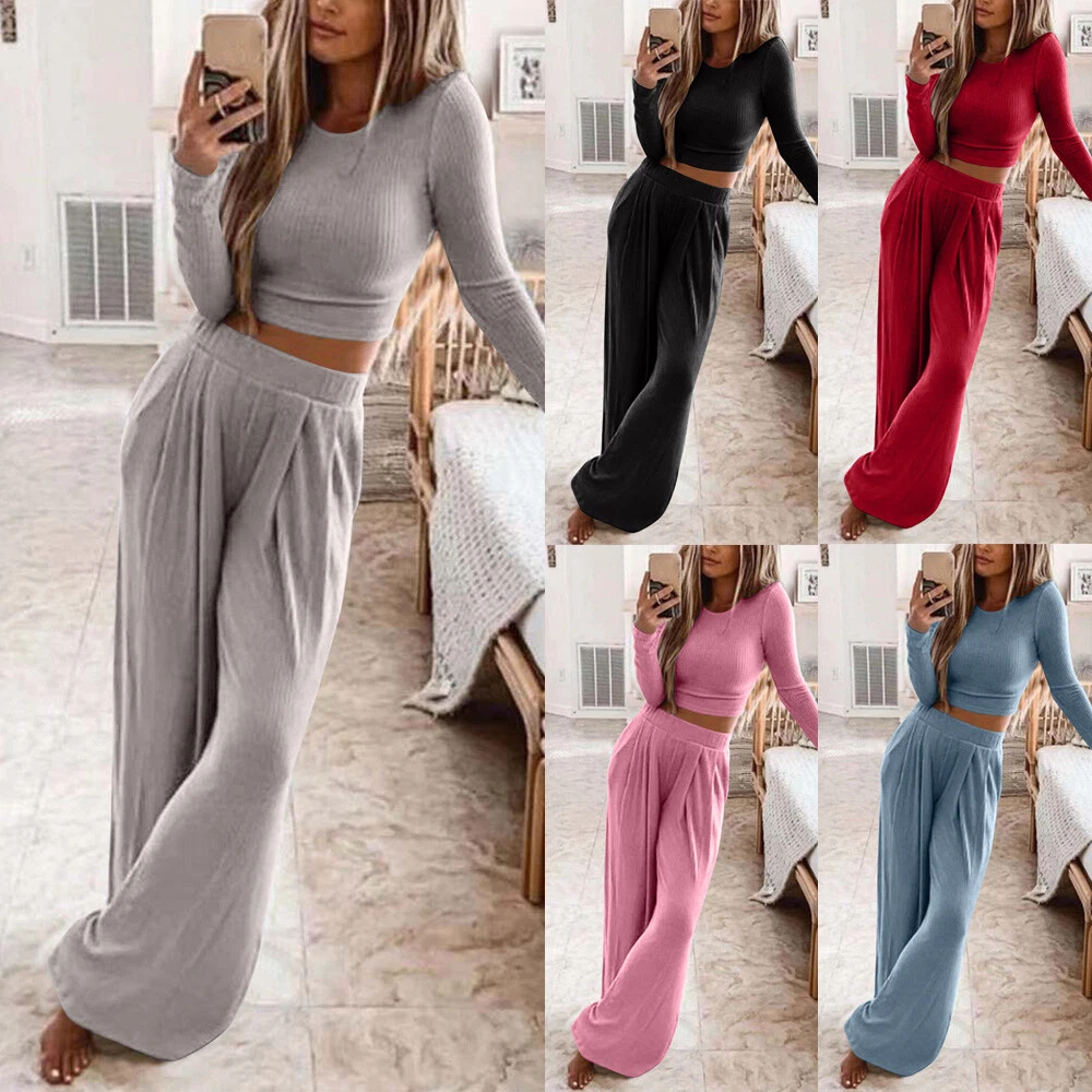 Womens Ladies Co ord Crop Top Bottoms Set Loungewear Suit Tracksuit Outfits  2pcs