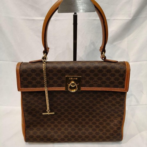 CELINE Vintage Macadam Handbag Brown Leather PVC Used From Japan