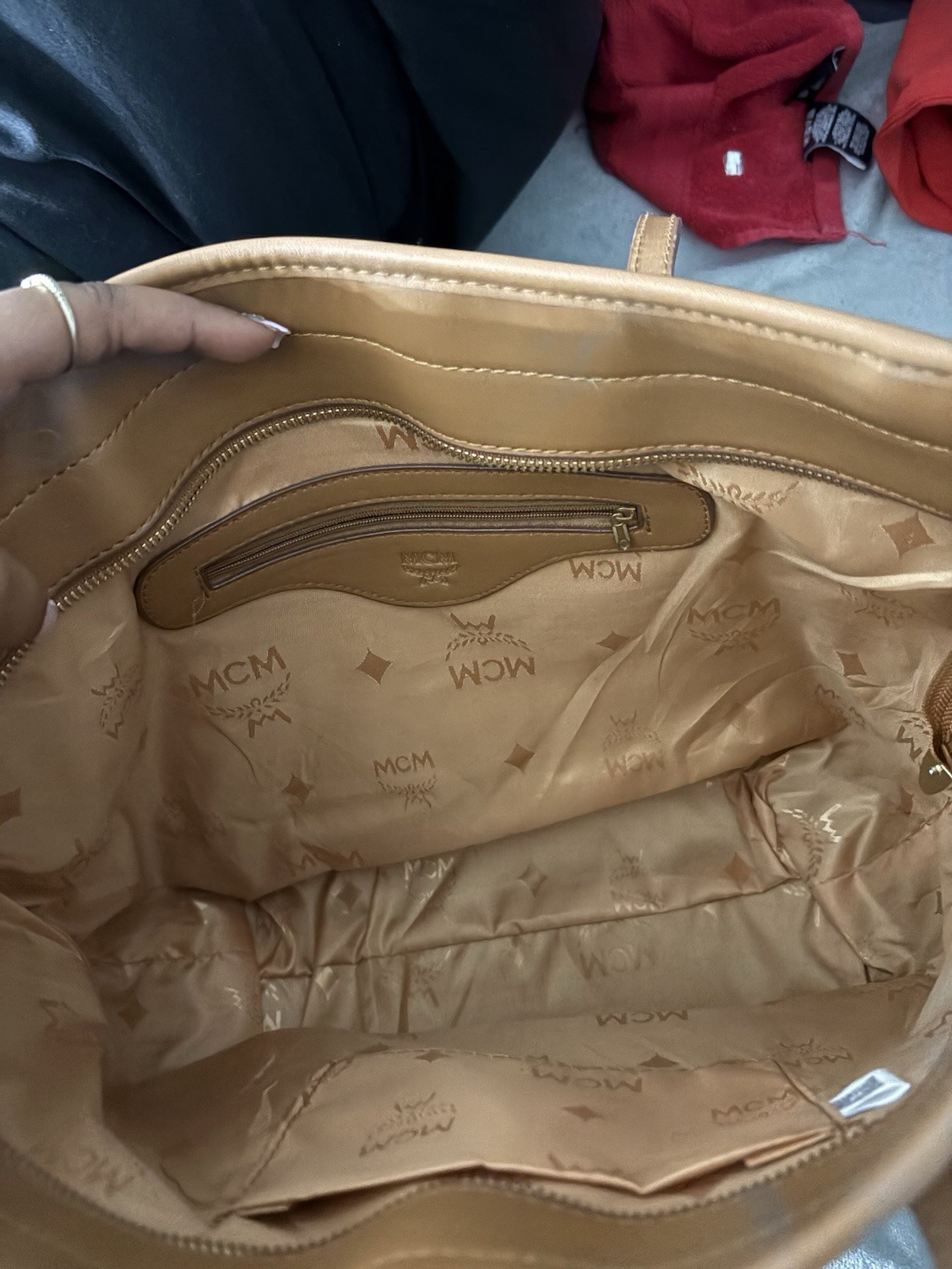 MCM Cognac Logo Tote Bag Gold Hardware Double Handles Zip Closure Designer