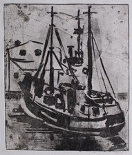 Gerhard Schulte-Dahling Hafen Boot Segelboot Postwar Radierung Papier