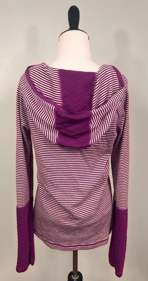 Suéter Dakini L Fucsia Blanco Rayas Lana Merino Capa Base Con Capucha Agujeros para los Pulgares Foto 3 de 4