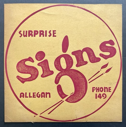 Vintage 1940’s-50’s Hand Painted Tom Surprise Sign Shop, Allegan, MI Window Card - Picture 1 of 2