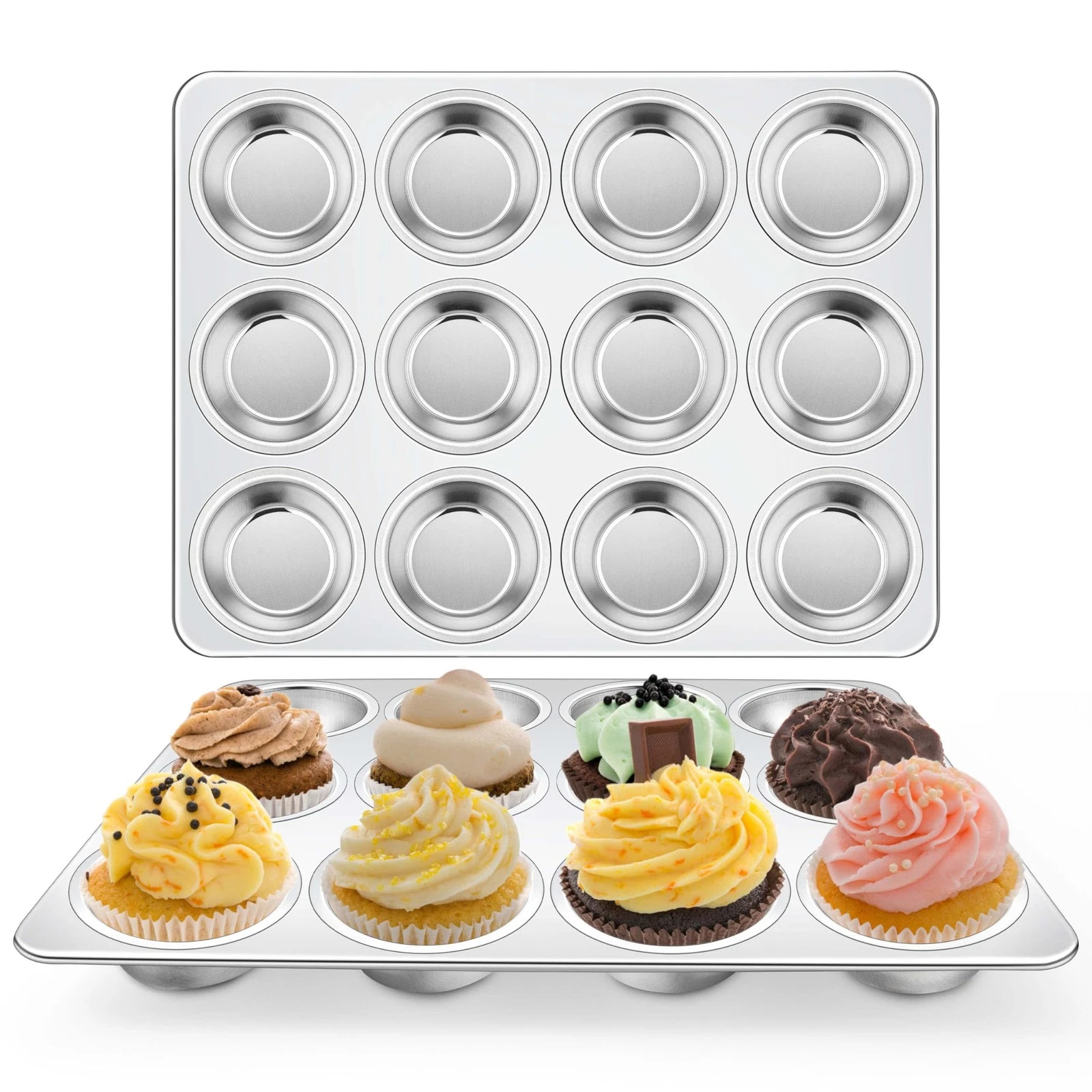 Homikit 2 Pack Muffin Pan, Stainless Steel Cupcake Tin with 12 Cups Regular Size