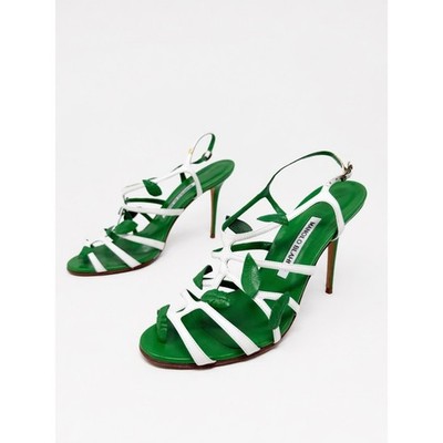Manolo Blahnik Twigga Leaf Strap Sandals Green White Heels Womens